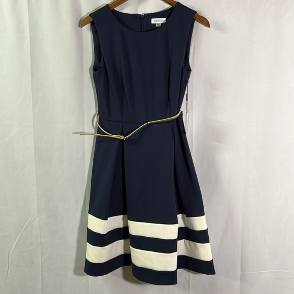 NWT Calvin Klein Navy & White Sleeveless Belted A-Line Midi Dress